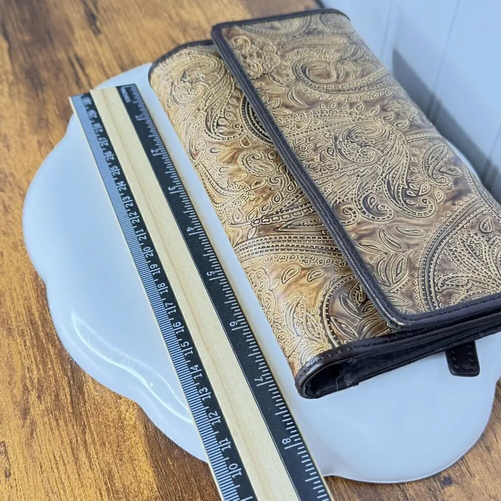Relic TriFold Wallet Checkbook Insert Brown Paisley Saddle Tooled Leather Boho